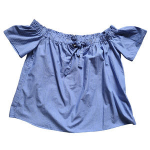 PERCH by Blu Pepper Off the‎ Shoulder Blue White Pinstripe Tie Front Top 1X XL